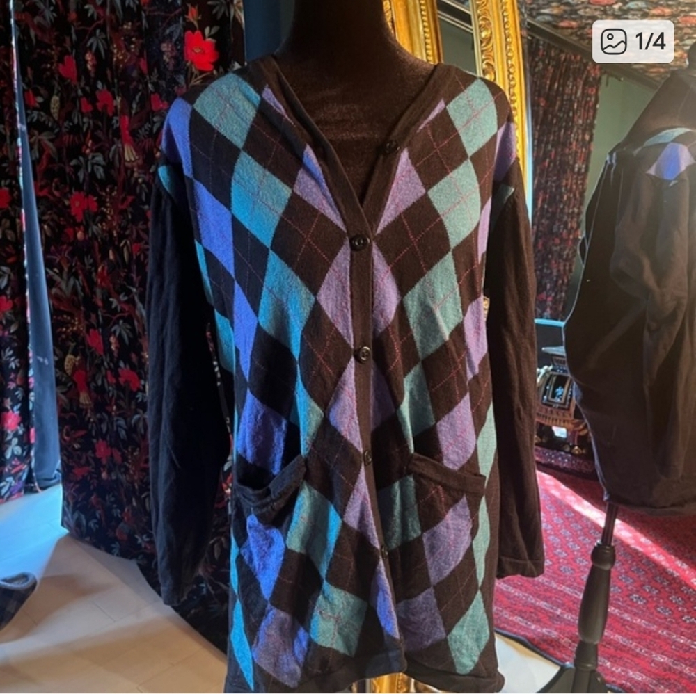 Argyle Cardigan with Pockets Blue Green and Black Pattern Size Large